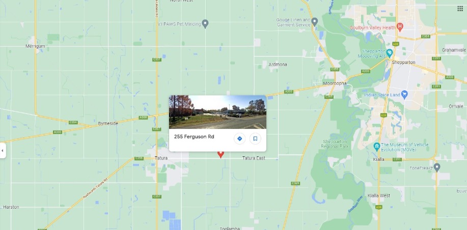 Map of region and location where Symposium will be held with link to google maps. The location is 255 Ferguson Road, Tatura, Victoria, Australia.