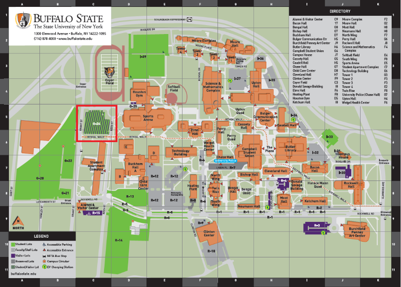 A grid map in both orange and black indicates the buildings around the Buffalo State campus. Highlighted in red, is where a parking pass can be obtained in Lot G-24.
