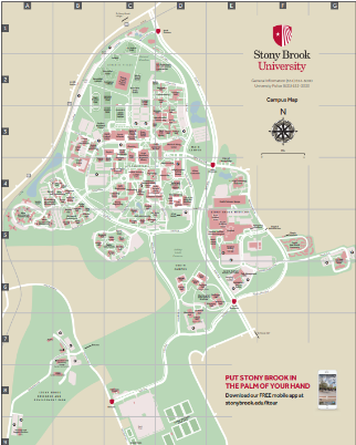 A light beige map indicates the Stony Brook University Campus in light green. Indicating each building in dark red. 