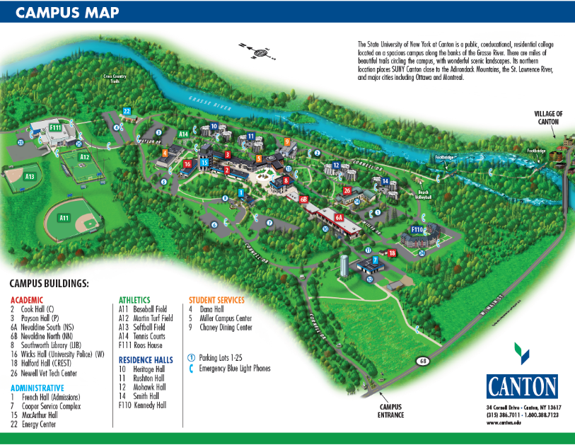 A bold blue and white map, indicate the campus layout of SUNY Canton. Buildings are indicated, the village of Canton is indicated and the blue river runs alongside the Canton Campus. 