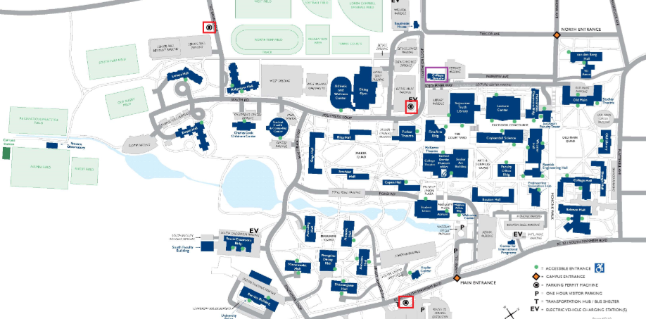 A white map with dark blue lettering indicates the buildings across SUNY New Paltz's Campus. Highlighted in purple, is the College Terrace. Highlighted in red, is all areas where a parking pass can be obtained. 